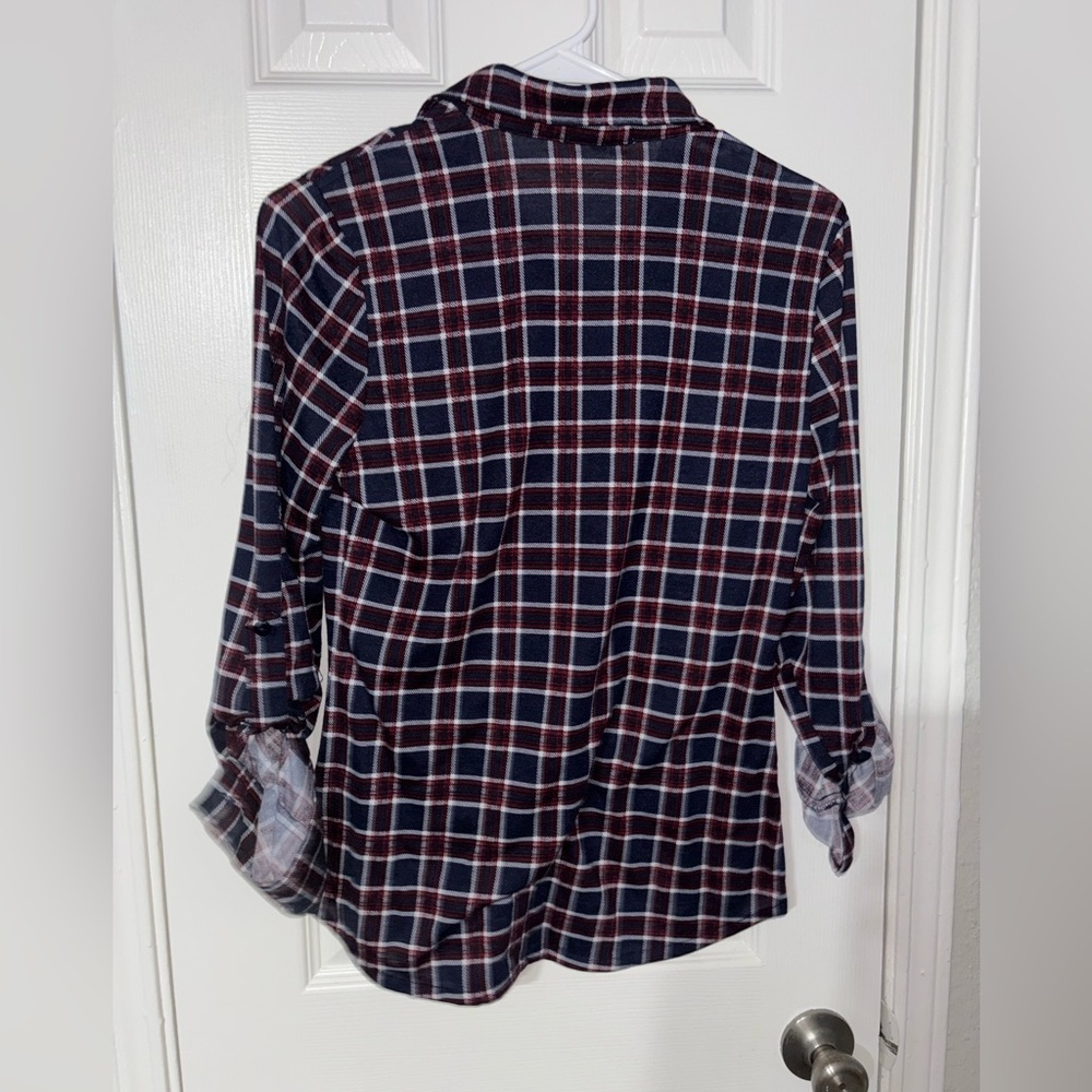 Women's Plaid Button-Down Shirt - Navy and Burgundy - Picture 5 of 5